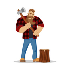 Lumberjack brutal bearded man in red checkered shirt with axe in hands. Woodcutter. Wanderlust, hiking and travel concept. Worker lumber with wood, character cartoon woodcutter on the white background
