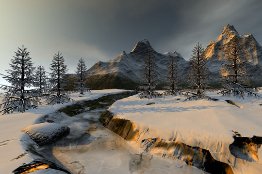 Trees next to the river, a winter landscape, snow on the ground, a beautiful mountain and a cloudy sky.