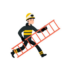 Firefighter Wearing Black Protective Uniform and Helmet Running with Ladder, Professional Male Freman Character Doing His Job Vector Illustration