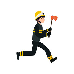 Firefighter Wearing Black Protective Uniform and Helmet Running with Axe, Professional Male Freman Character Doing His Job Vector Illustration