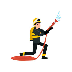 Firefighter Wearing Black Protective Uniform and Helmet Spraying Water with Hose, Professional Male Freman Character Doing His Job Vector Illustration