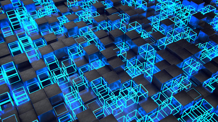 3d render. Abstract technological black cubes background with glow elements. Cubes pattern.