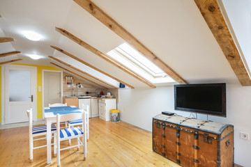 Interior of a cozy living room in light colors with kitchen and dining area in a private studio