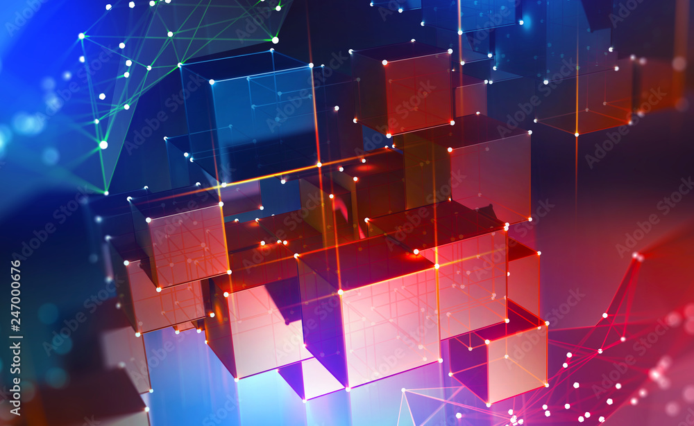 Leinwandbilder Blockchain Technology. Blocks of information in a decentralized cyberspace. Global flows of information. Digital data protection. 3d illustration of cubes with a polygonal mesh.