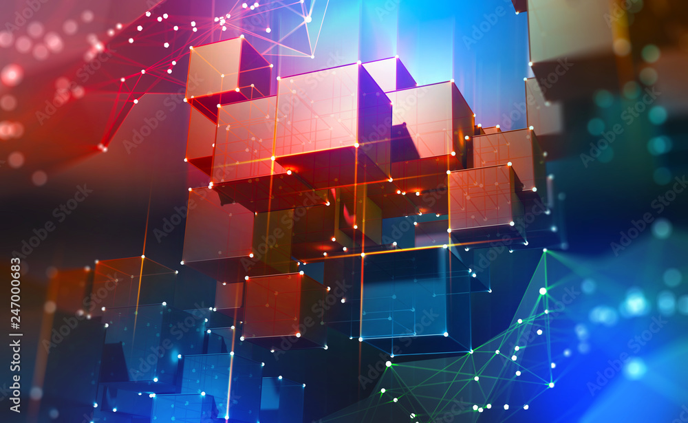 Poster Blockchain Technology. Blocks of information in a decentralized cyberspace. Global flows of information. Digital data protection. 3d illustration of cubes with a polygonal mesh.