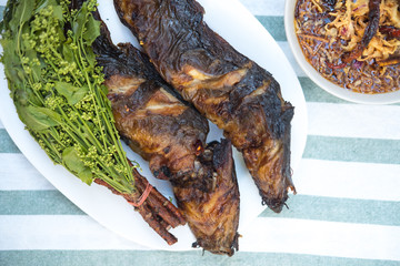 Grilled catfish, sweet fish sauce and boiled neem