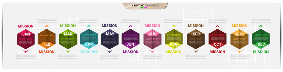 Time line for 1 year, 12 months, Timeline infographics design vector 12 steps and Presentation business can be used for Business concept with 12 options, steps or processes.