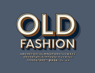 Vector old fashioned Alphabet. Vintage style Font. Bright Retro Letters, Numbers and Symbols. 