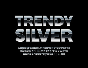 Vector Trendy Silver Font. Stylish Steel Alphabet Letters, Numbers and Symbols. 