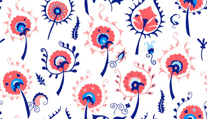 Vector floral seamless pattern. Uzbek suzani national ornament for textile embroidery. Arabic, Indian, Turkish style flowers background. Texture for print, wallpaper, home decor, fabric, ceramic tile.