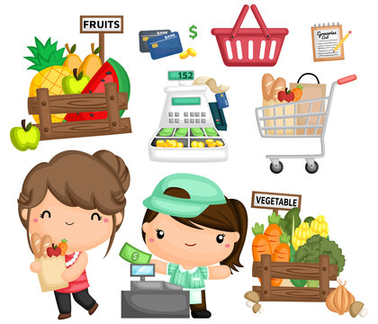 a vector of a woman buying groceries
