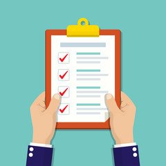 Businessman hands holding clipboard with checklist in a flat design