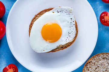 Homemade, fried egg on a plate with tomatoes and sesame bun for a healthy breakfast. Protein food. Eggs sandwiches. Top view