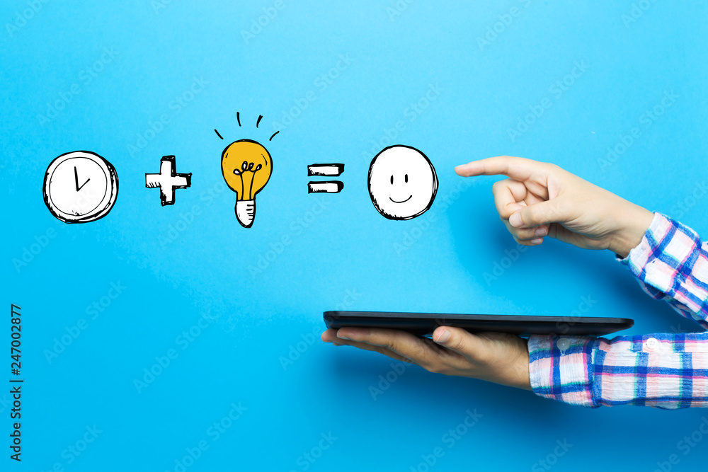 Poster time plus idea equals happy with a tablet computer on a blue background