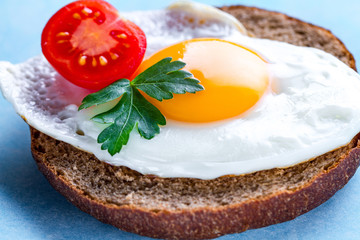 Homemade, fried chicken eggs with bun, fresh parsley and cherry tomato for a healthy breakfast. Protein food. Eggs sandwich