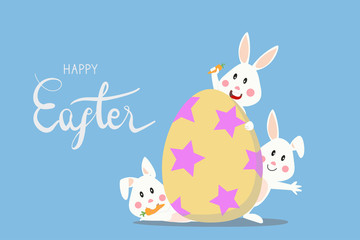 Obraz na płótnie Canvas happy Easter lettering with bunny rabbit hide in back of Easter egg, one eat carrot, one hold carrot and one wave hand. Concept for banner, poster, greeting card for Easter festival in vector