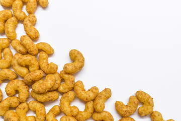 Peanut flips full frame viewed directly from above. Top view. Copy space