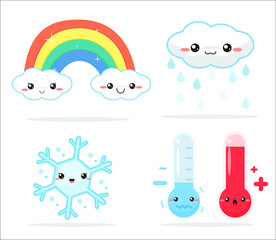 Weather forecast kawaii cartoon rainbow clouds, sun and moon that look cute and colorful.