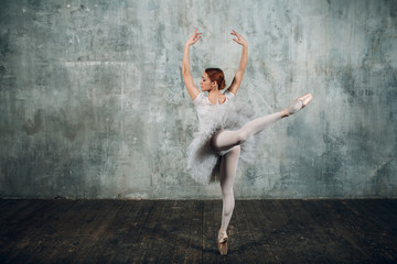 Ballerina. Young beautiful woman ballet dancer, dressed in professional outfit, pointe shoes and...