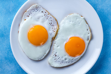 Fried chicken eggs on a plate for a healthy breakfast on a blue background. Protein food. Top view