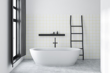 White bathroom with tub and ladder