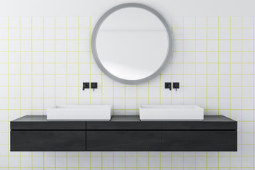 White tile bathroom, double sink close up