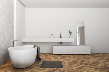 Obraz na płótnie Canvas White bathroom side view, tub and sink