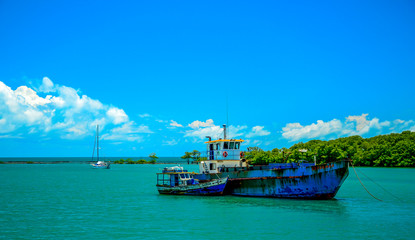 .Fishing boat mooring at the Porto Seguro coast, in the state of Bahia, Brazil.