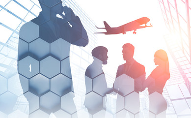 Business people and plane, hexagons