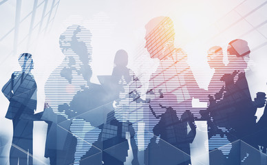 Business team in city, world map