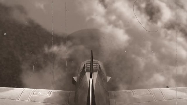 Fighter Airplane from WW2 in flight in the sky - POV view  - old vintage movie loock