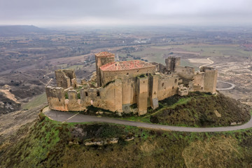 Aerial view of the ruined medieval abandoned Montearagon castle, namesake of the famous kingdom on...