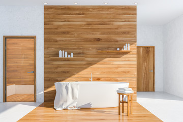 Obraz na płótnie Canvas White and wood bathroom interior, tub