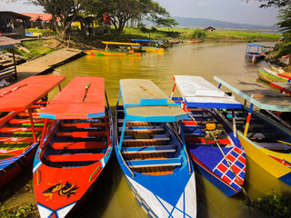 Boats at the harbor of Rawa Pening lake, Indonesia 