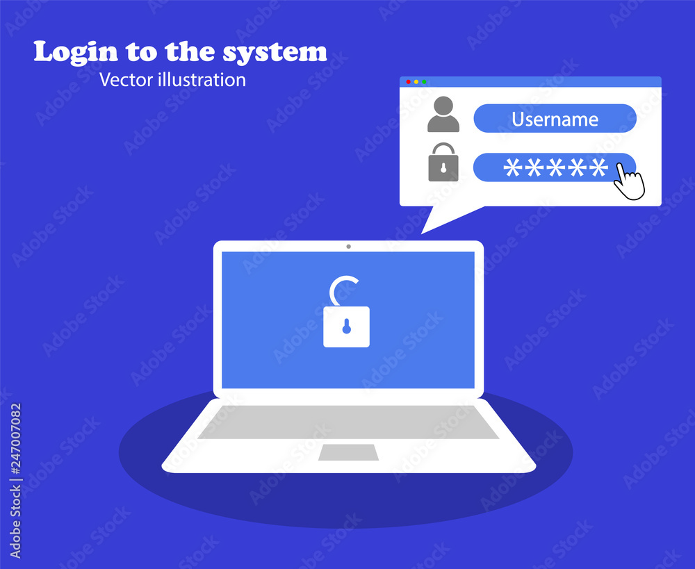 Poster laptop concept and authorization. login to the system. login and password.