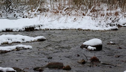 A close view of the water surface in the snowy conditions.