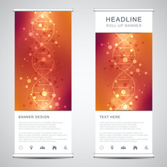 Roll up banner stands with DNA strand and molecular structure. Genetic engineering or laboratory research. Abstract geometric texture for medical, science and technology design.
