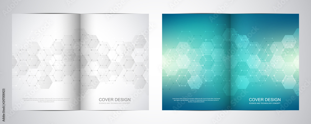 Wall mural bi fold brochure template with hexagons pattern. geometric abstract background of molecular structur