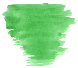 Green watercolor hand-drawn isolated wash stain on white background for text, design. Abstract texture made by brush for wallpaper, label.