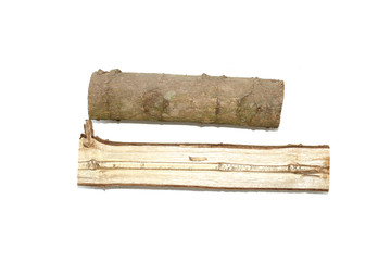 Wood log as firewood and Part of wooden logs with a crack in a white isolated background.