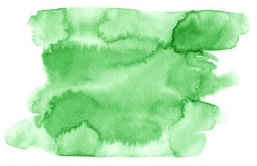 Obraz premium Green watercolor hand-drawn isolated wash stain on white background for text, design. Abstract texture made by brush for wallpaper, label.