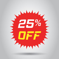 Discount sticker vector icon in flat style. Sale tag sign illustration on white background. Promotion 25 percent discount concept.