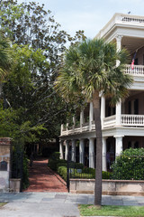 Beautiful old houses with balconies. Palm trees grow in beautiful houses on a sunny summer day.  Charleston, SC / USA - July 21 2018