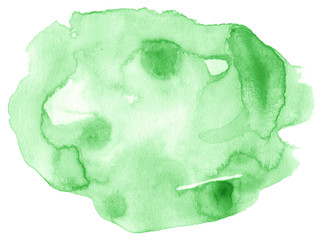 Green watercolor hand-drawn isolated wash stain on white background for text, design. Abstract texture made by brush for wallpaper, label.