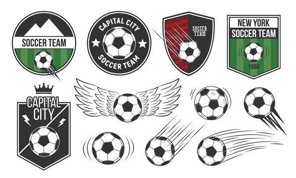 Set of 5 soccer, football logo templates and 6 design elements. Soccer team emblems, labels templates. Vector illustration