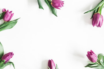 Flowers composition. Purple tulip flowers on white background. Valentines day, mothers day, womens day concept. Flat lay, top view, copy space