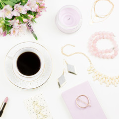 Feminine flat lay with women fashion accessories, lingerie, jewelry, cosmetics, coffee and flowers. Top view