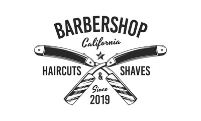 Barber shop sign, label. Barber shop logo with barbershop razor. Vintage poster. Retro print for typography. Vector template.