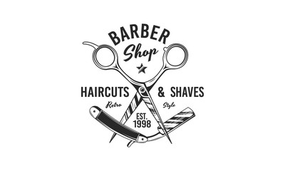 Barber shop logo concept. Scissors and Barber razor. Logo template for Barber shop, haircut's salon, typography. Vintage design. Vector illustration