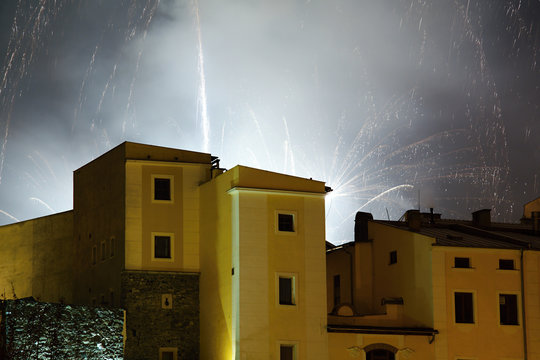 Fireworks in town Hranice. Central Moravia. Czech Republic. Europe.